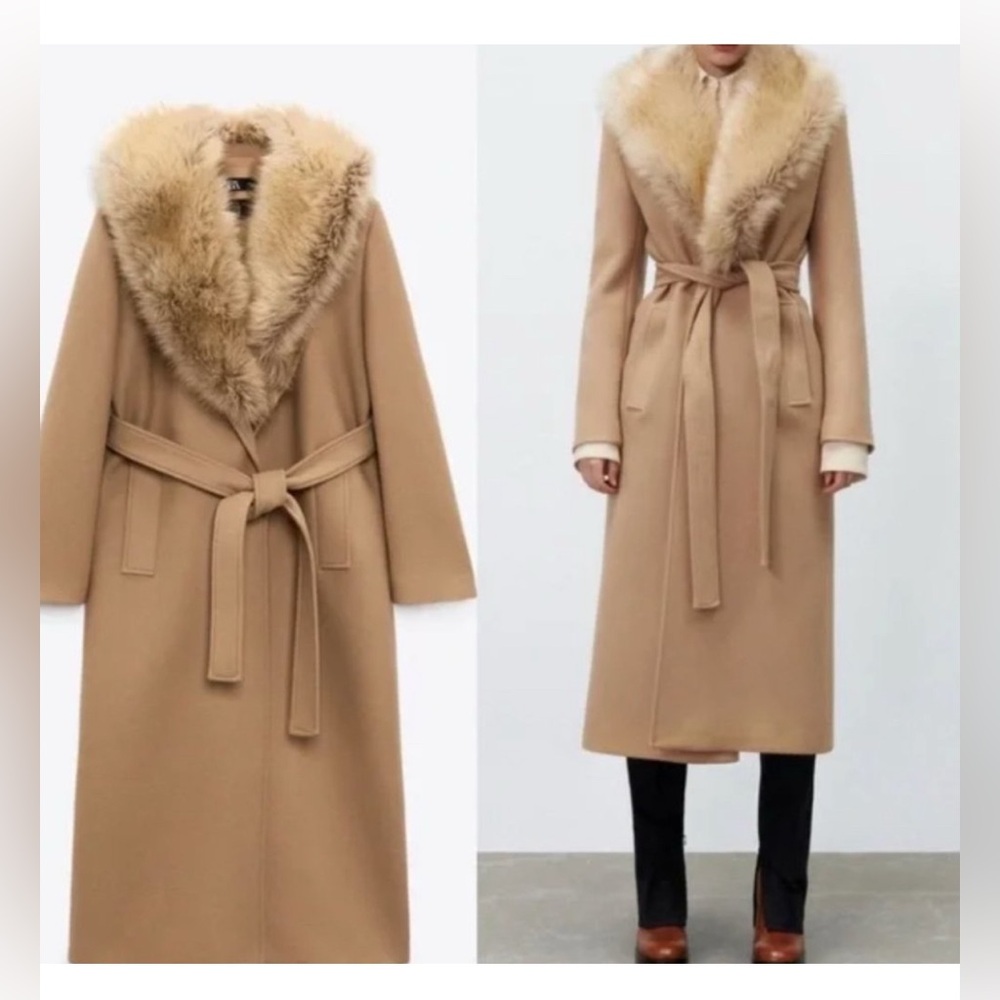 Zara Tan Long Coat with Fur Collar - Picture 3 of 4